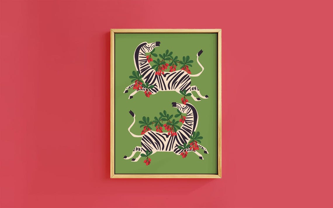 Two Leaping Zebras Red Berry Sprigs Forest Green Holiday Poster