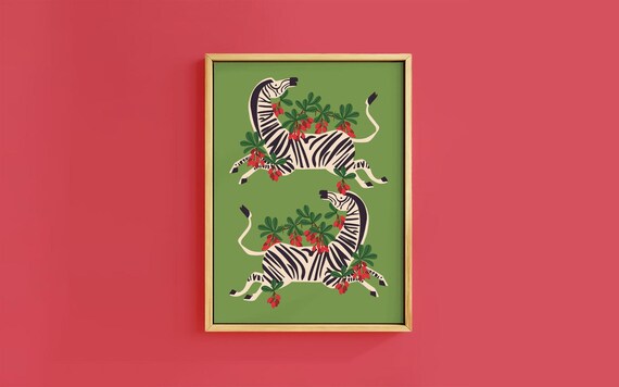 Two Leaping Zebras Red Berry Sprigs Forest Green Holiday Poster