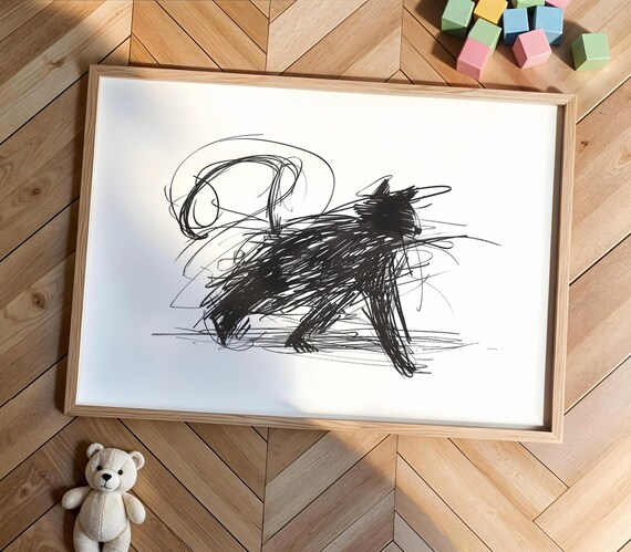 Playful Scribble Cat Line Art Poster Minimalist Modern Pet Lover Decor