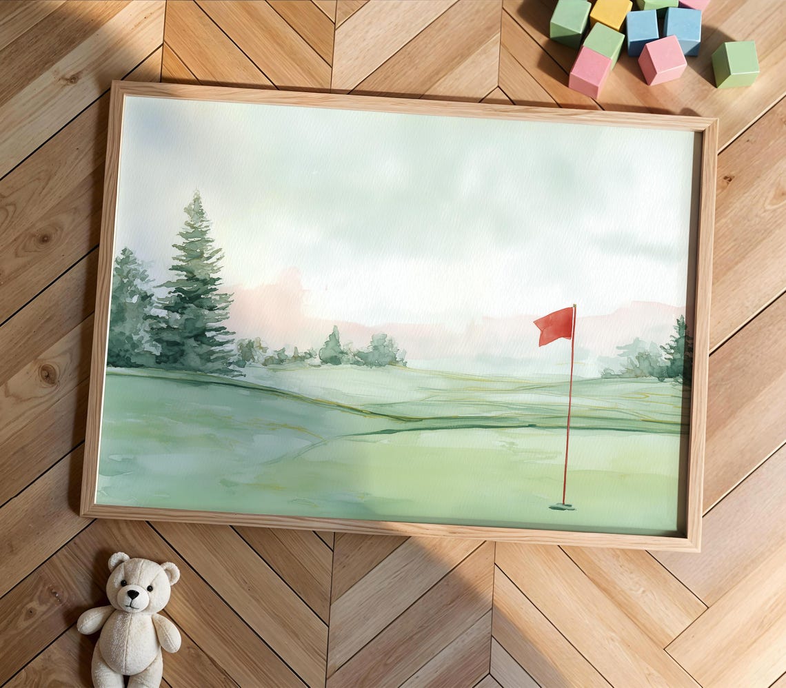 Golf Course Watercolor Wall Art Rustic Decor Nursery Serene Nature Scene 7