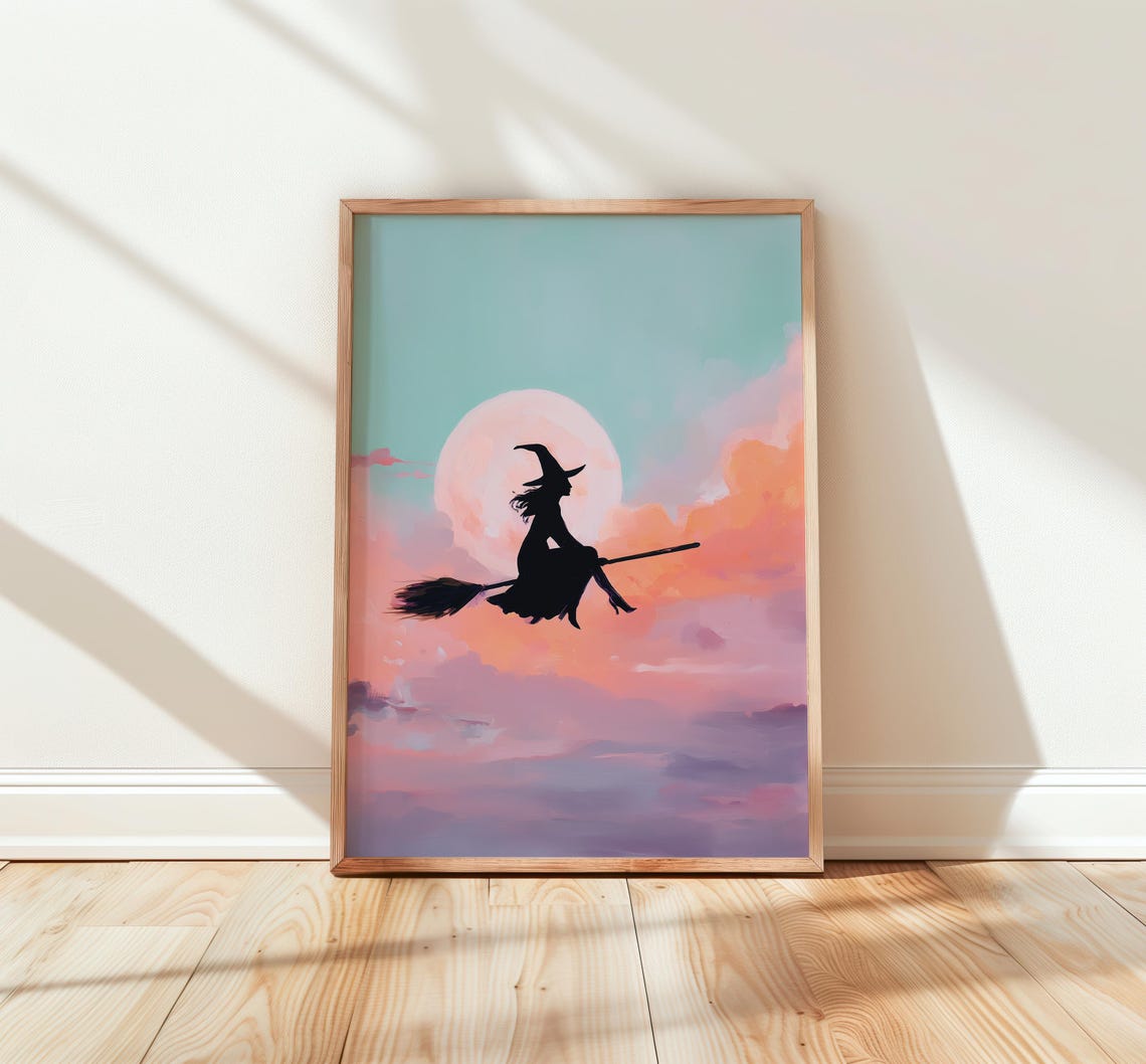 Witch Silhouette Flying On Broom Magical Halloween Art Vibrant Sky Full Moon Scene Whimsical Wall Decor 293