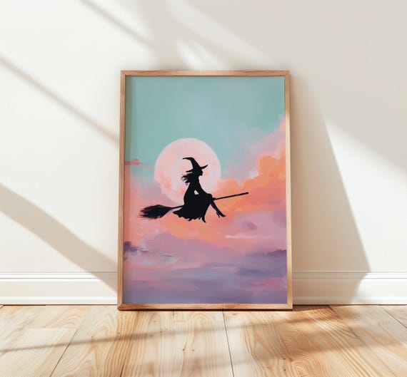 Witch Silhouette Flying On Broom Magical Halloween Art Vibrant Sky Full Moon Scene Whimsical Wall Decor 293