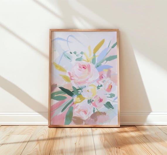 Blush And Ivory Floral Bouquet Romantic Watercolor Roses Pampas Grass Art Boho Nursery Decor Soft Pastel Wall 211
