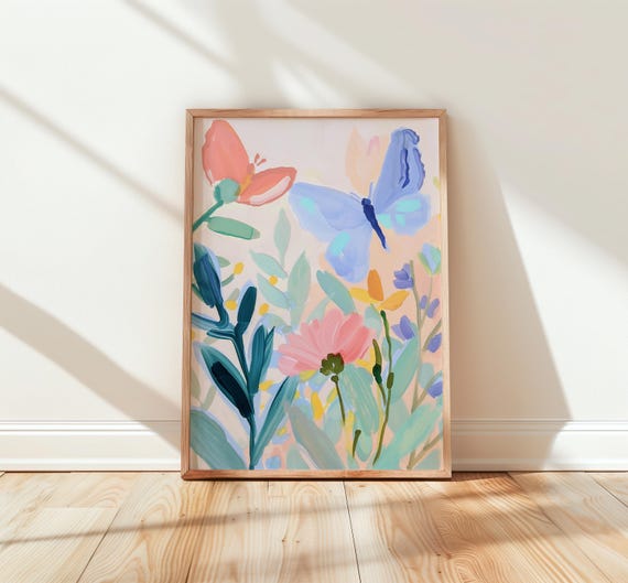 Pastel Wildflowers And Butterflies Dreamy Nursery Wall Art Light Watercolor Landscape Spring Decor Colorful Print 288
