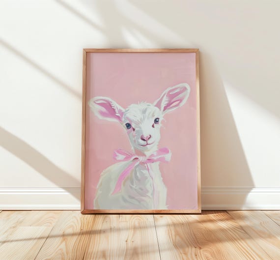 Baby Lamb With Ribbon Watercolor Boho Nursery Art Pastel Peach And Ivory Decor Cute Farm Animal Wall Kids Room Print 206