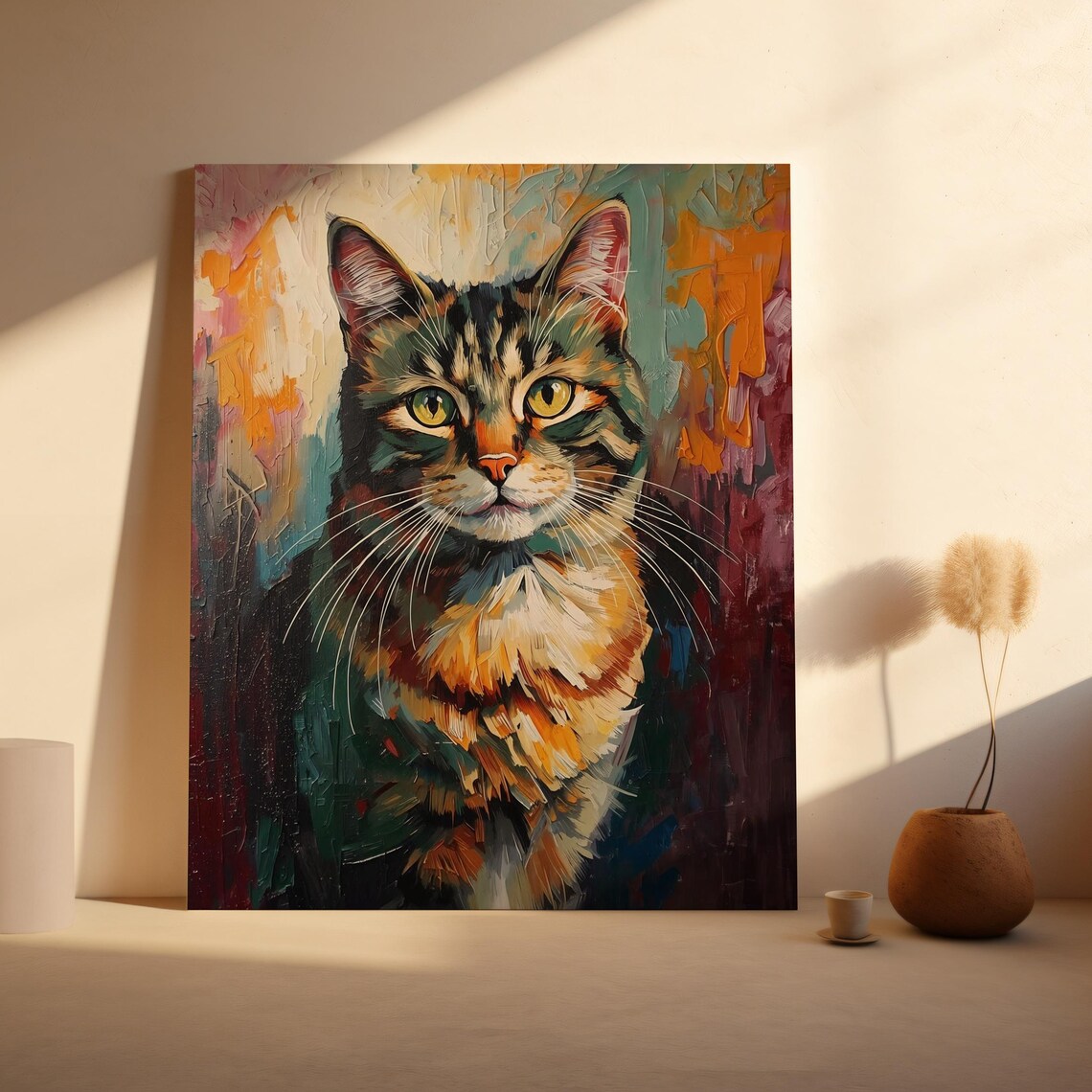 Colorful Tabby Cat Portrait, Modern Pet Art Print