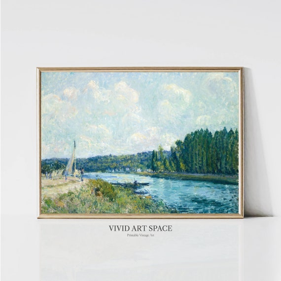 The Banks Of The River Vintage Landscape Painting Rustic Country Art Print River Art Print Printable Wall Art