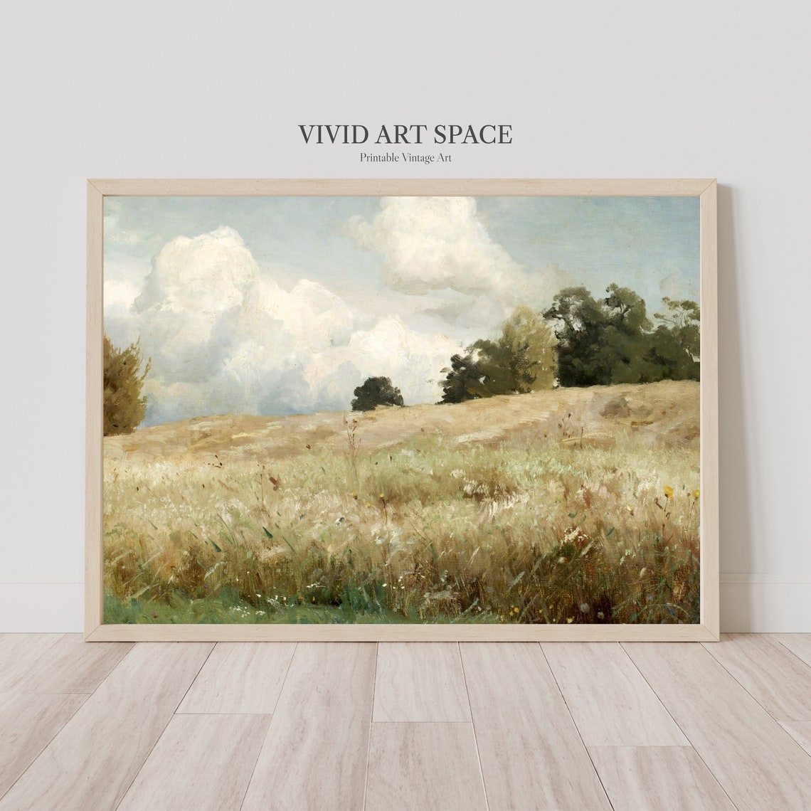 Golden Meadow Under Summer Clouds Vintage Landscape Art Print - Image 2