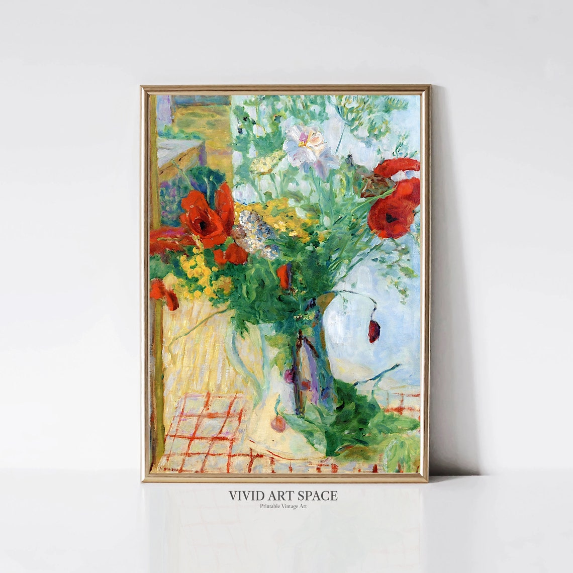 Red Poppies and Wildflowers by a Window Impressionist Art Print