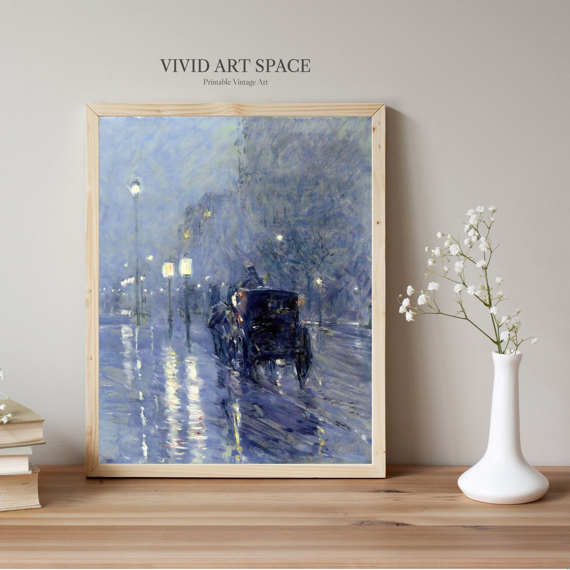 Rainy Midnight Street Horse Carriage Vintage Night Art Print - Image 2