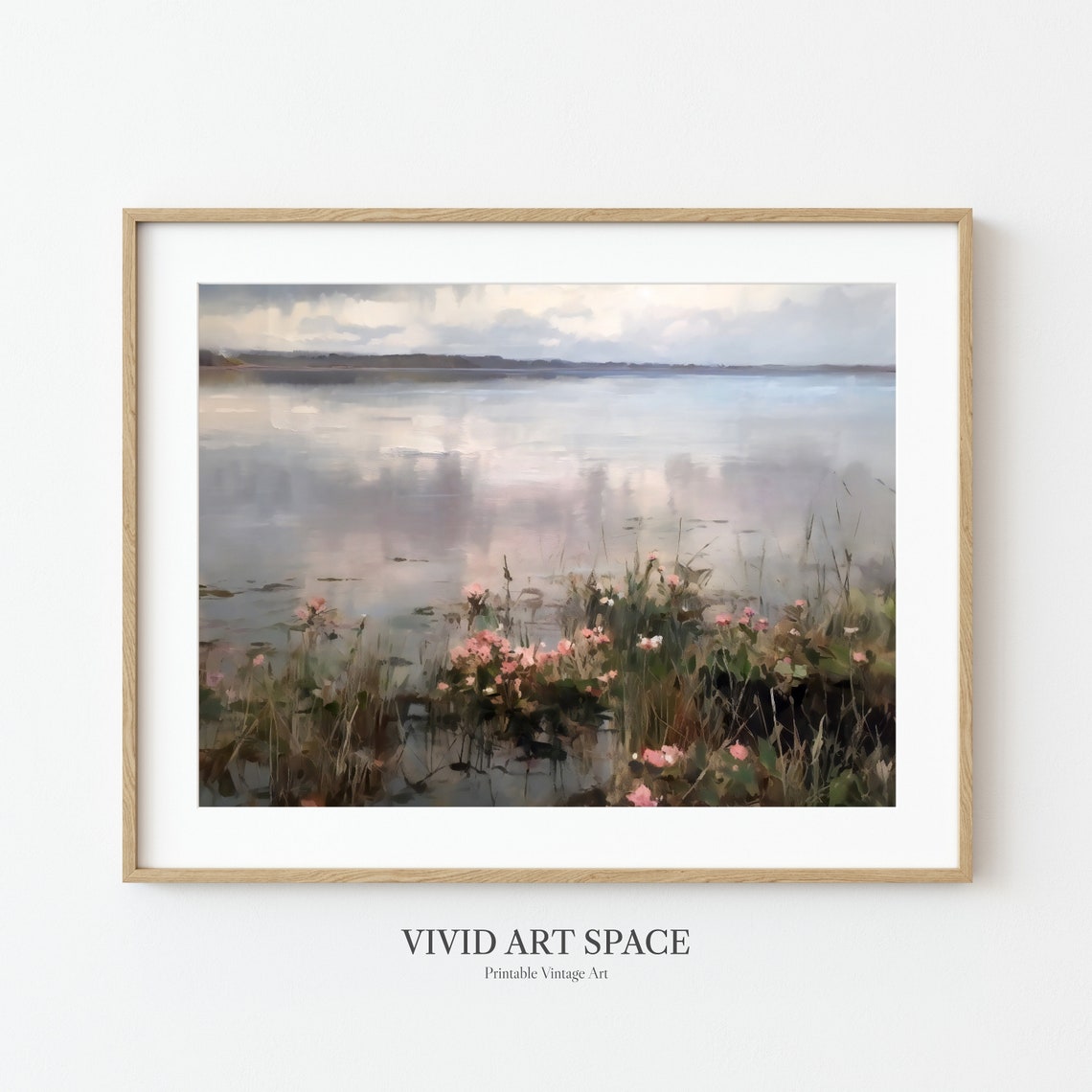 Mist Covered Lake With Pink Wildflowers Vintage Landscape Print - Image 3