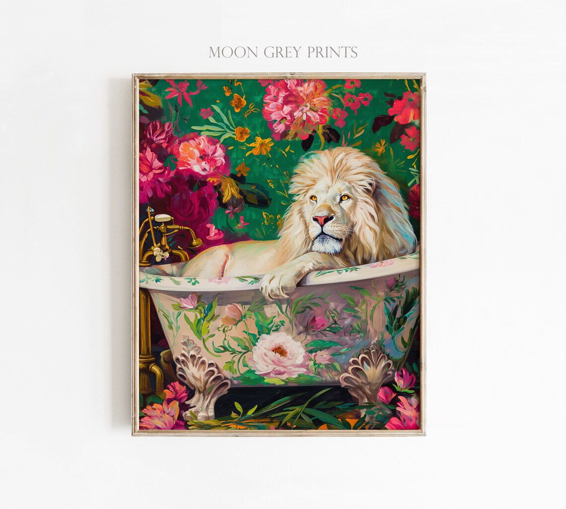 White Lion In Bathtub, Maximalist Oil Painting - Image 2
