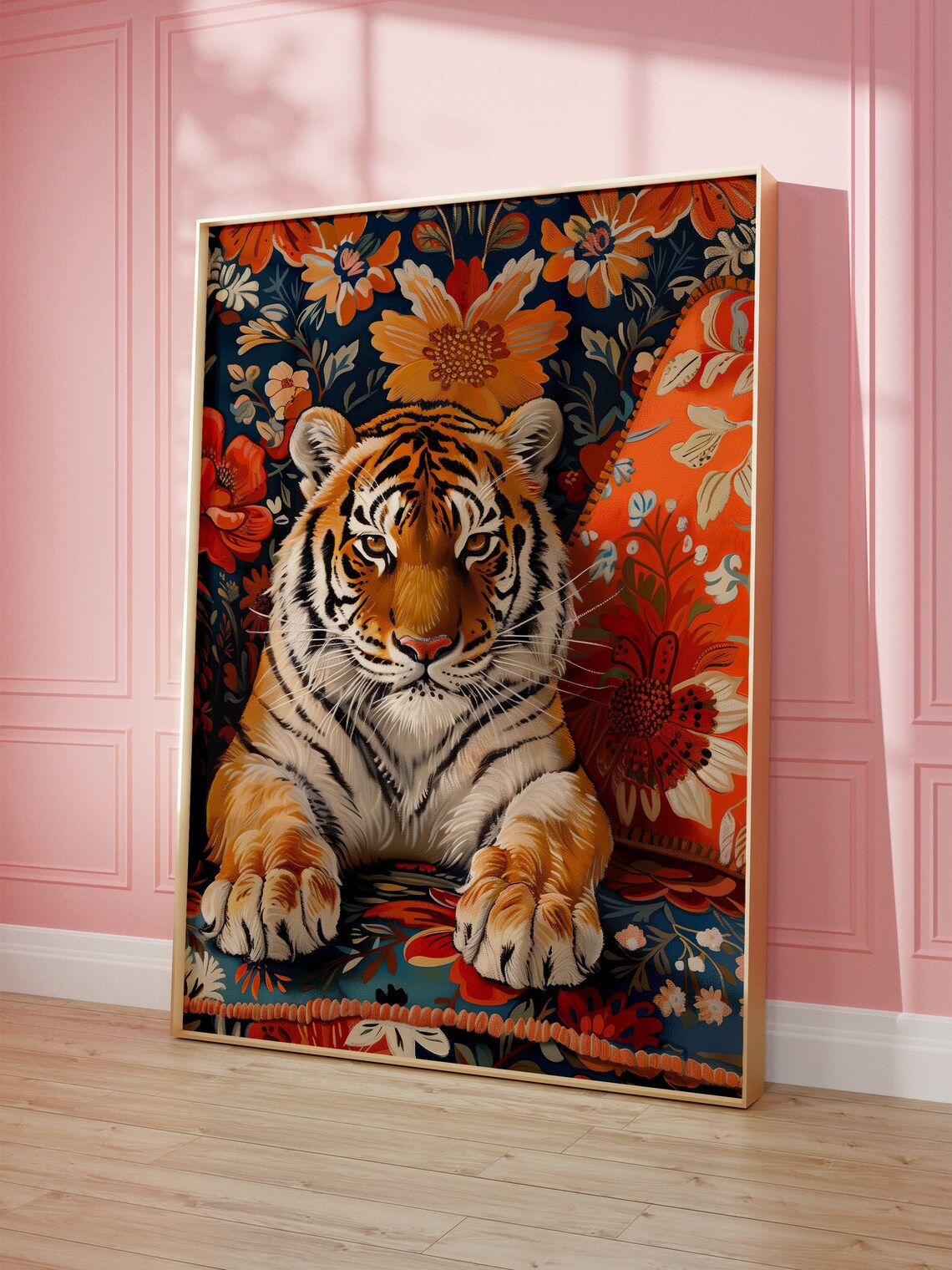 Tiger Laying On Couch, Maximalist Oil Painting
