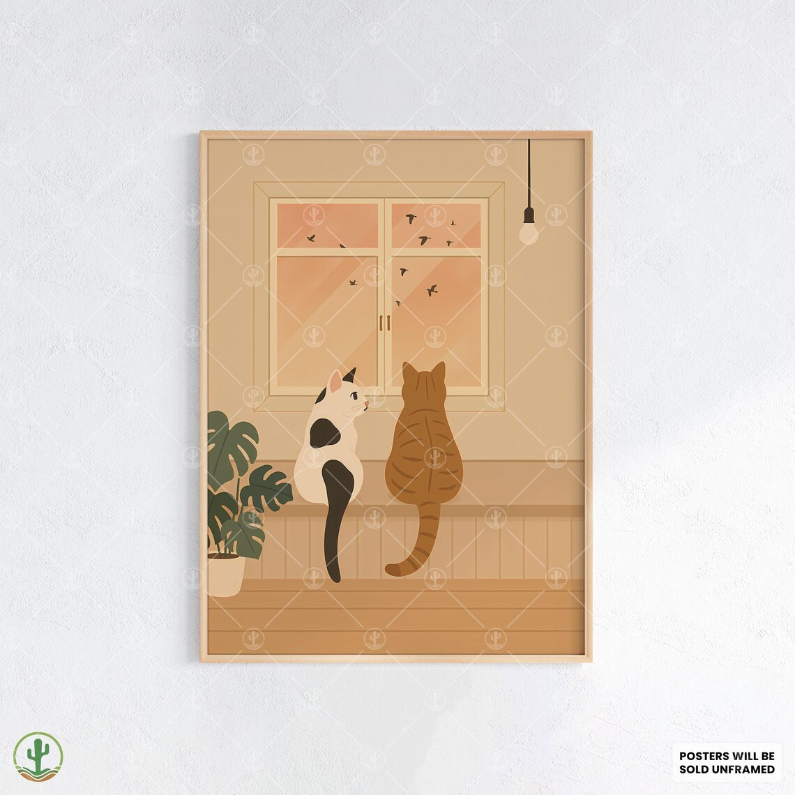 Two Cats Watching Birds at Window Cozy Minimalist Feline Art Poster