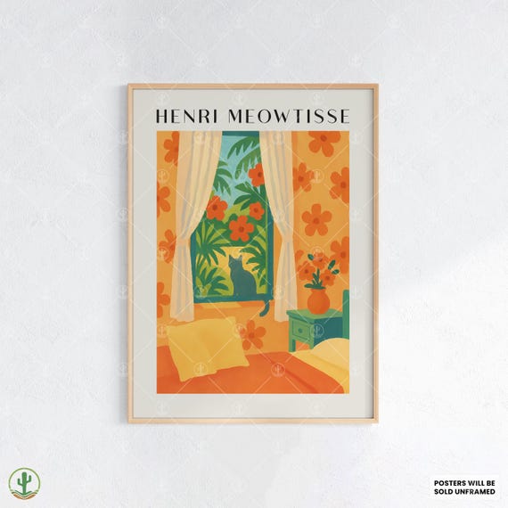 Cozy Henri Matisse Style Cat Art Print Looking Out Window In Tropical Bedroom With Floral Wallpaper And Jungle Garden View