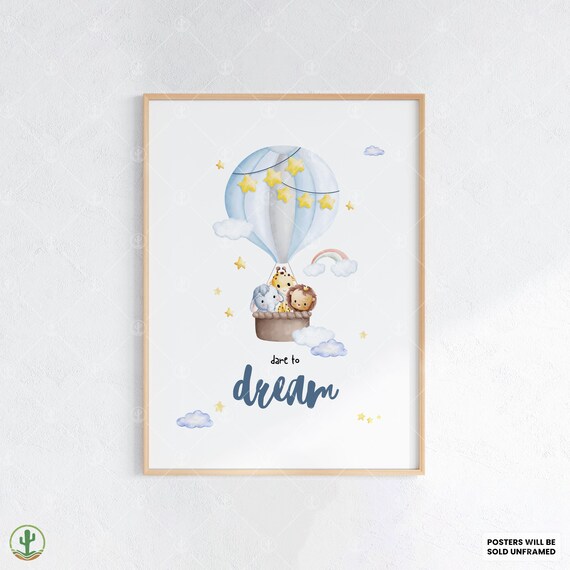 Dare To Dream Hot Air Balloon Cute Animals Nursery Kids Poster