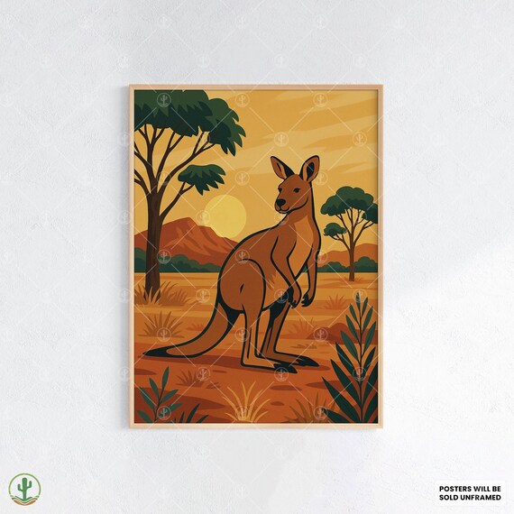 Kangaroo Outback Wall Art Print Bold Australian Wildlife Poster With Sunset Red Desert Landscape Native Bush Scene