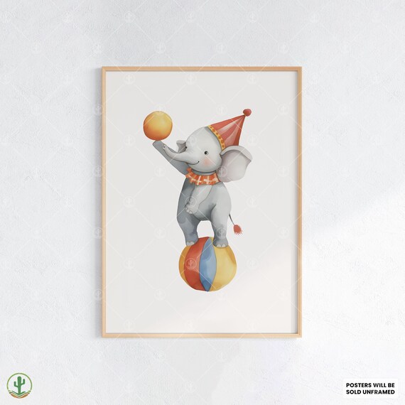 Circus Elephant Balancing on Ball Cute Watercolor Nursery Animal Poster