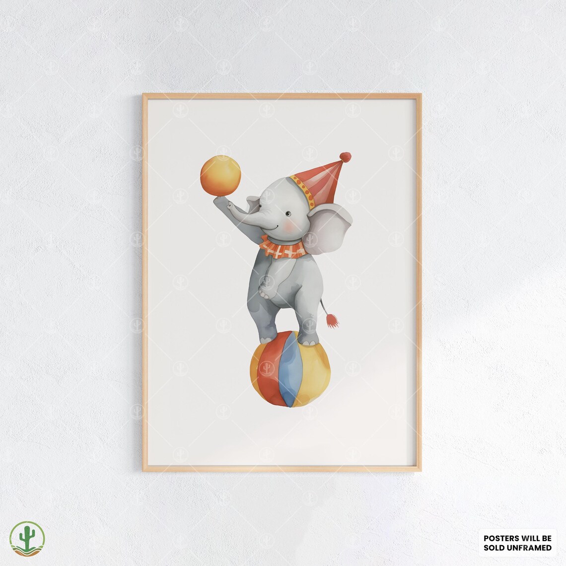 Circus Elephant Balancing on Ball Cute Watercolor Nursery Animal Poster