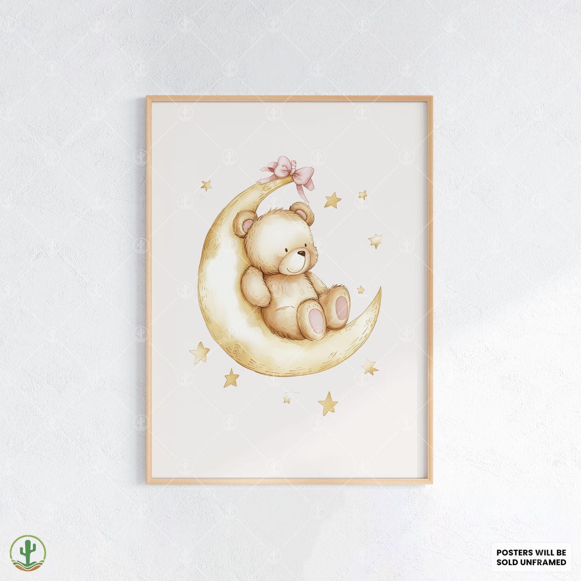 Teddy Bear Sleeping on Moon Cute Nursery Night Sky Baby Room Poster