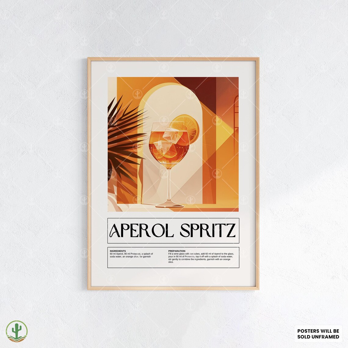 Aperol Spritz Cocktail Recipe Poster Orange Sunset Italian Drink Bar Art