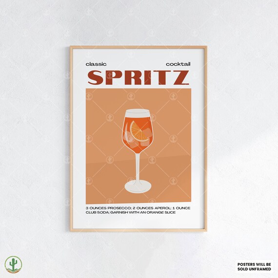 Classic Spritz Cocktail Recipe Prosecco Aperol Orange Illustrated Poster