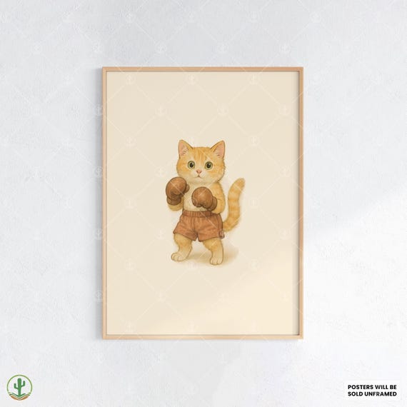 Adorable Boxer Cat Watercolor Wall Art Playful Orange Tabby Kitten In Boxing Gloves Poster Print For Lovers Decor