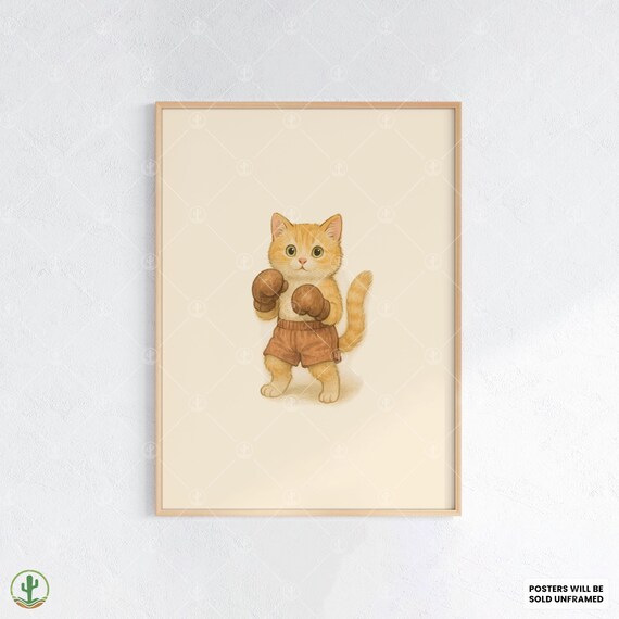 Cute Kitten Boxer with Boxing Gloves Poster for Kids Room Decor
