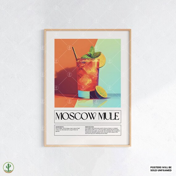 Moscow Mule Cocktail Recipe Colorful Retro Bar Kitchen Poster