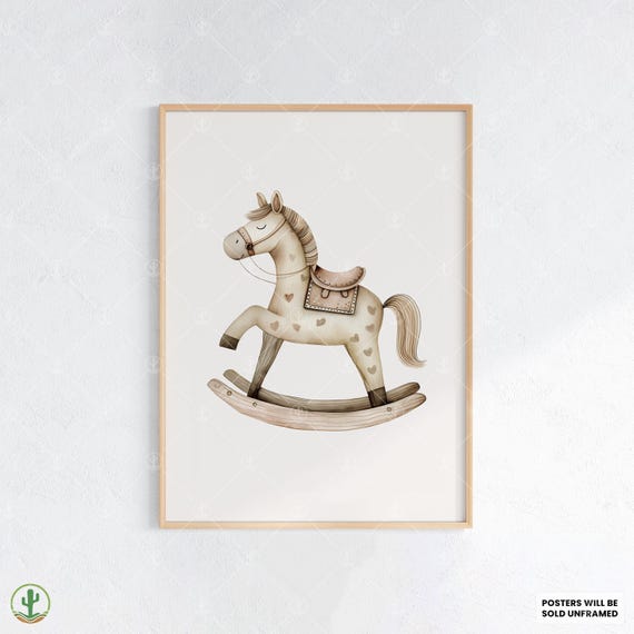 Vintage Rocking Horse Nursery Wall Art Print Cute Baby Room Decor Animal Kids Poster