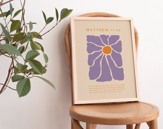 Matthew 11 Come to Me Purple Abstract Flower Christian Rest Poster
