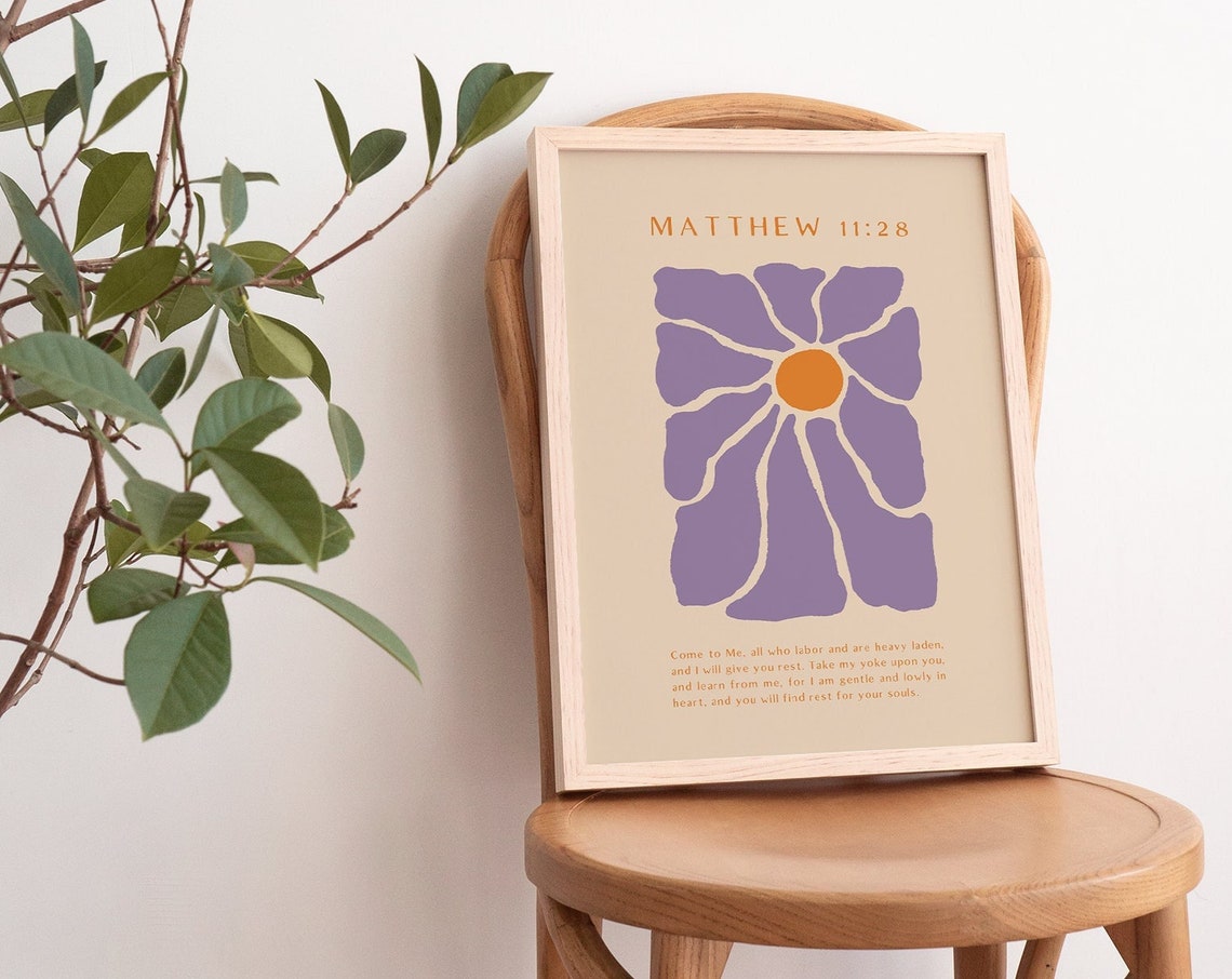 Matthew 11 Come to Me Purple Abstract Flower Christian Rest Poster