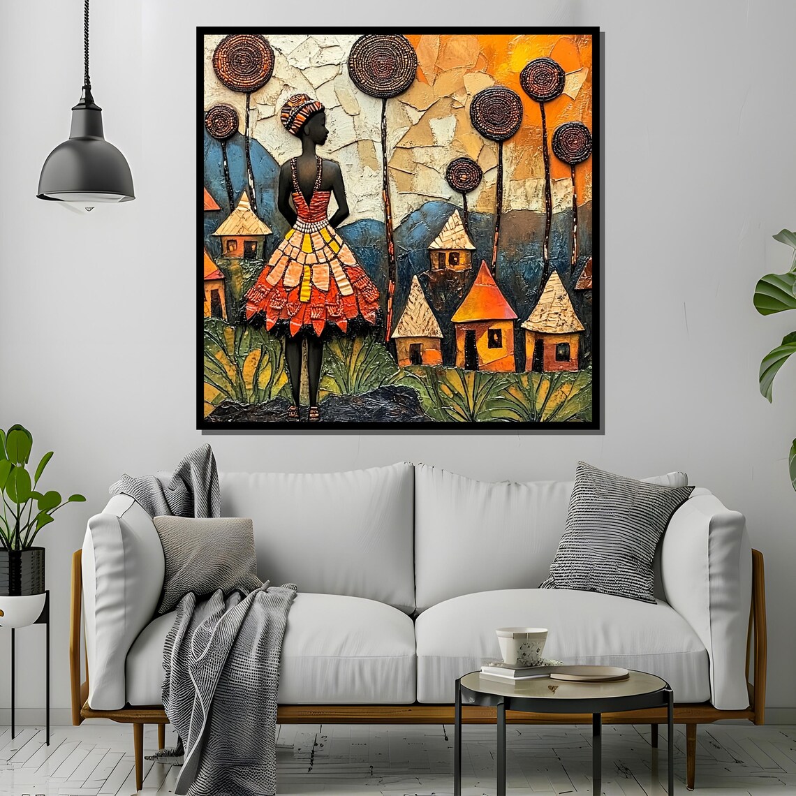 Abstract African Woman In Vibrant Traditional Dress Painting Tribal Village Scene Unique Ethnic Art Gift - Image 4