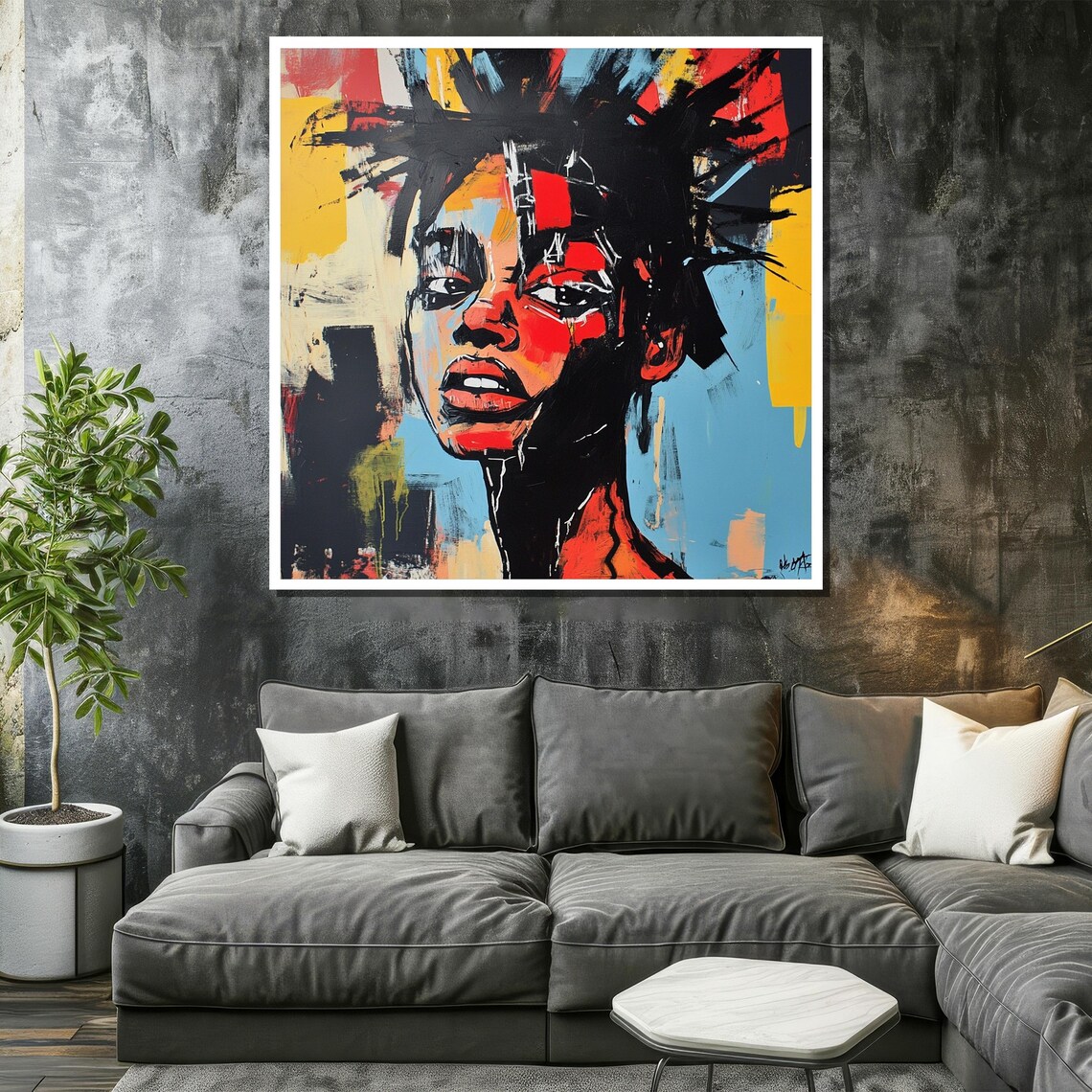Basquiat-Inspired Expressionist Woman Portrait in Bold Red and Blue Poster - Image 2