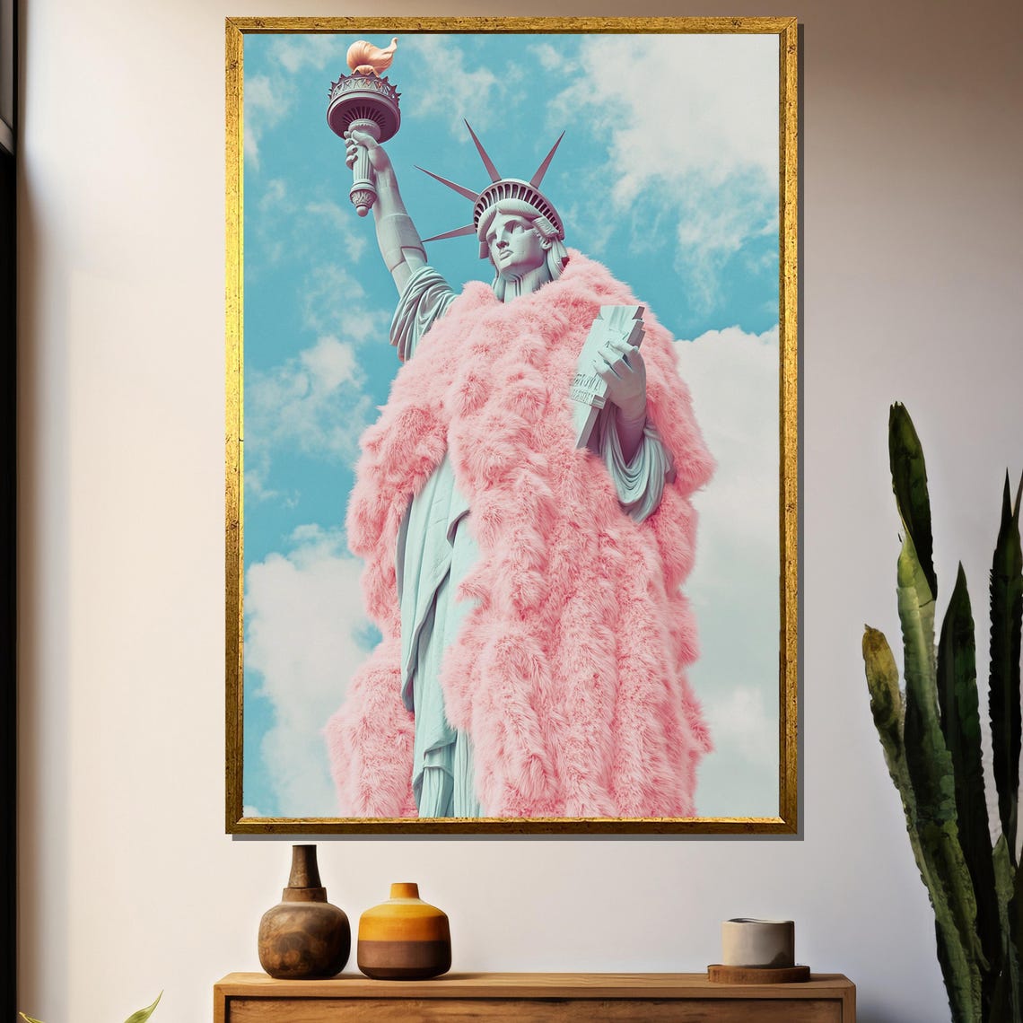 Statue Of Liberty Draped In A Fluffy Pink Fur Coat Pop Art Poster