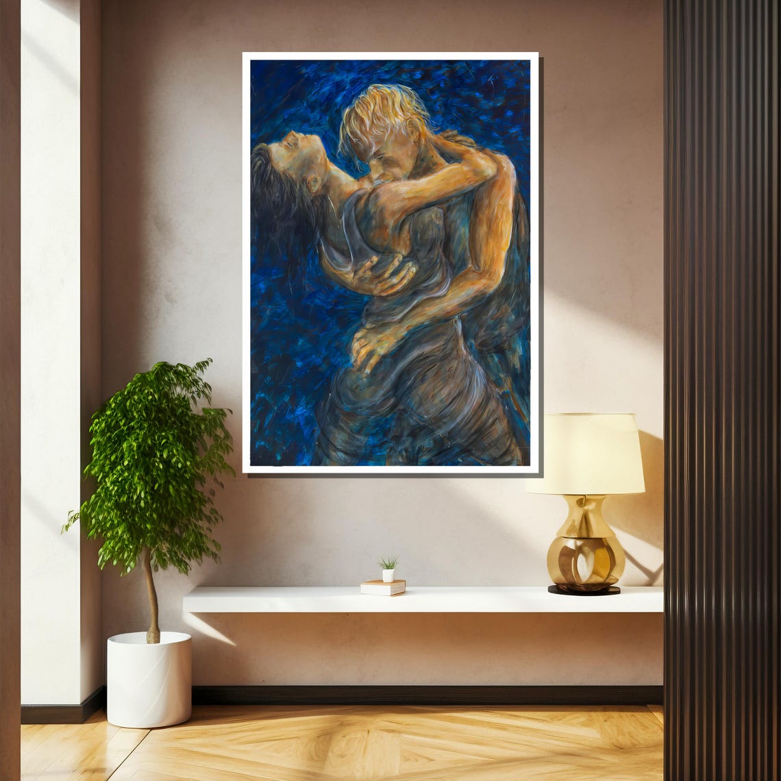 Passionate Embracing Couple Blue Expressive Romance Art Poster - Image 2