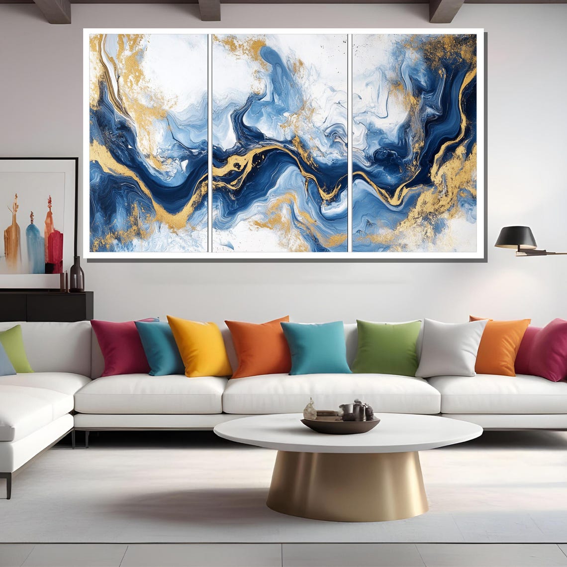 Elegant Blue And Gold Triptych Marble Swirl Abstract Art Poster - Image 2