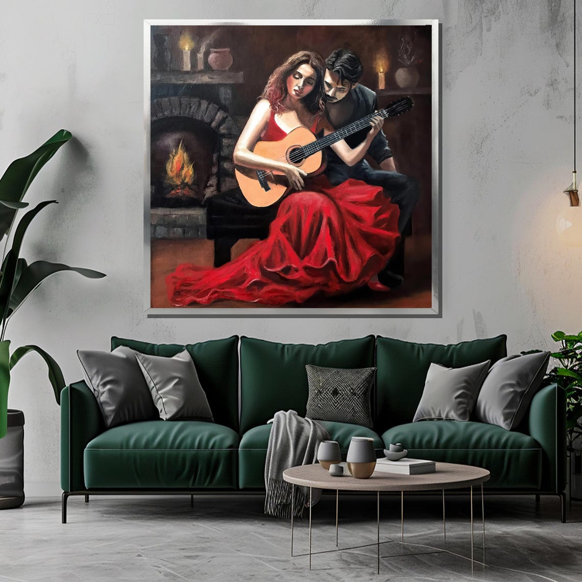 Intimate Fireplace Serenade Guitar Lovers in Red Gown Poster - Image 3