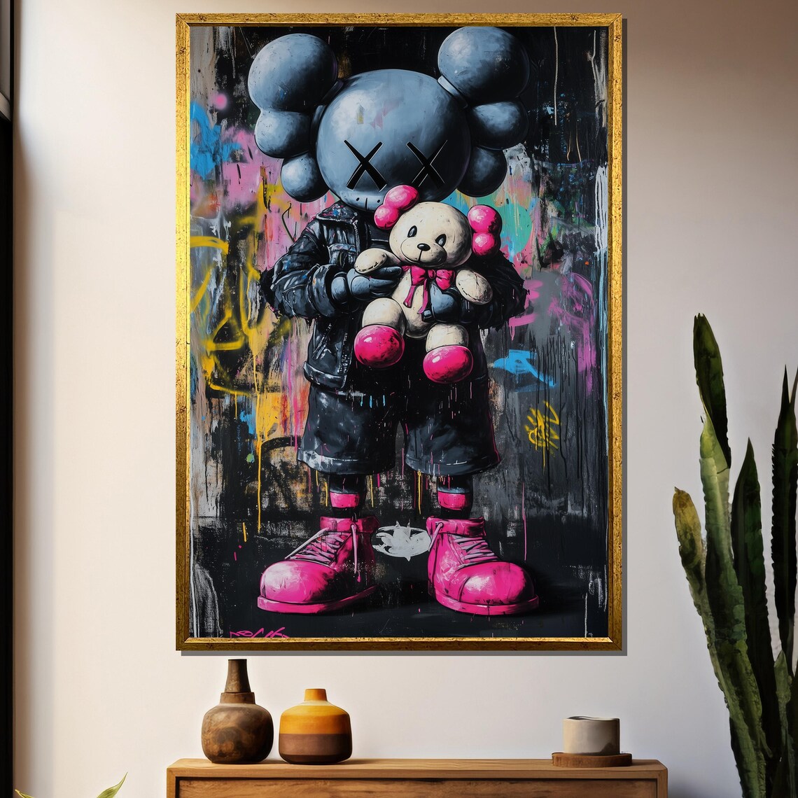 KAWS-Inspired X-Eyed Toy Figure Holding Teddy Bear Street Poster