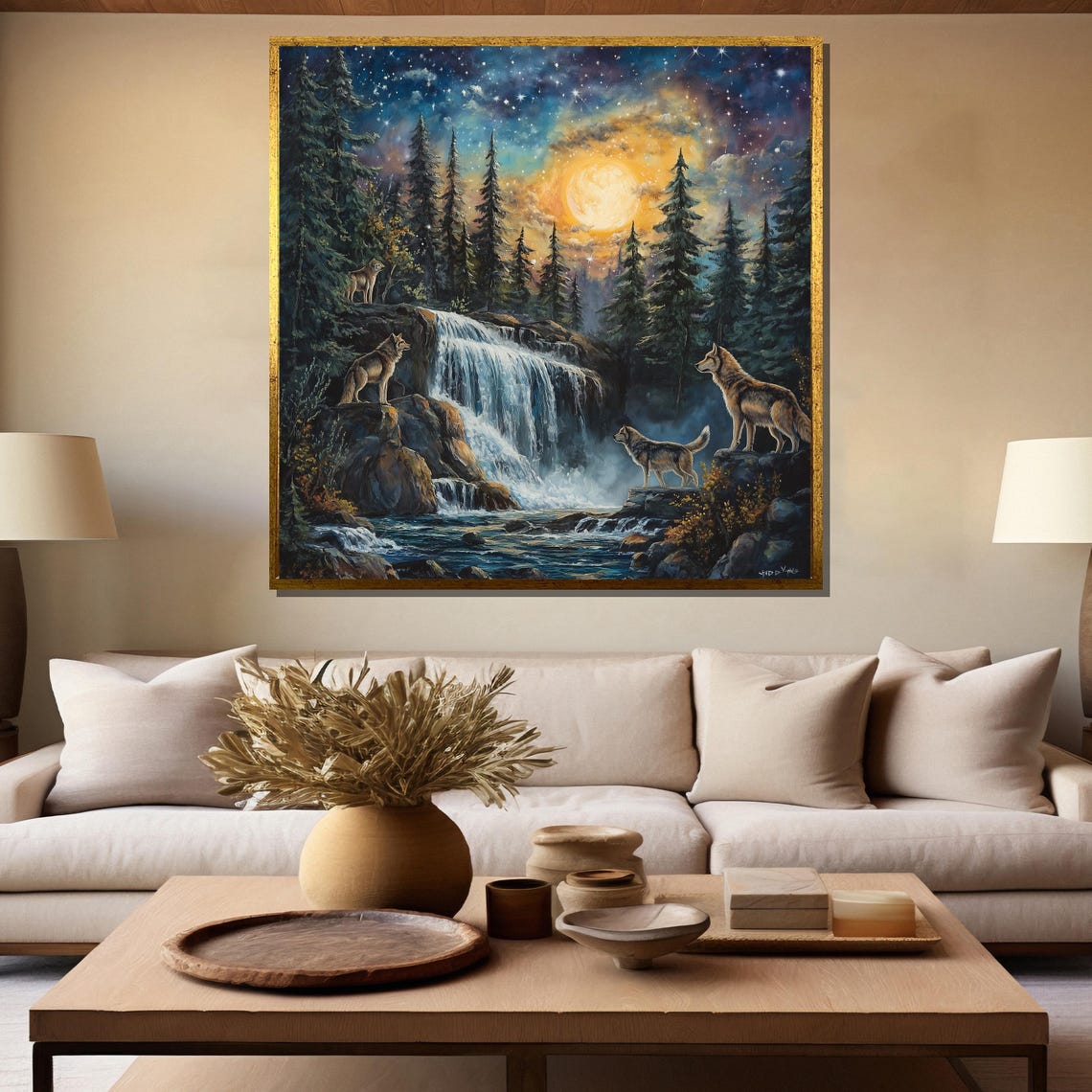 Wolf Pack by Moonlit Waterfall Under Starry Night Sky Painting Poster - Image 5
