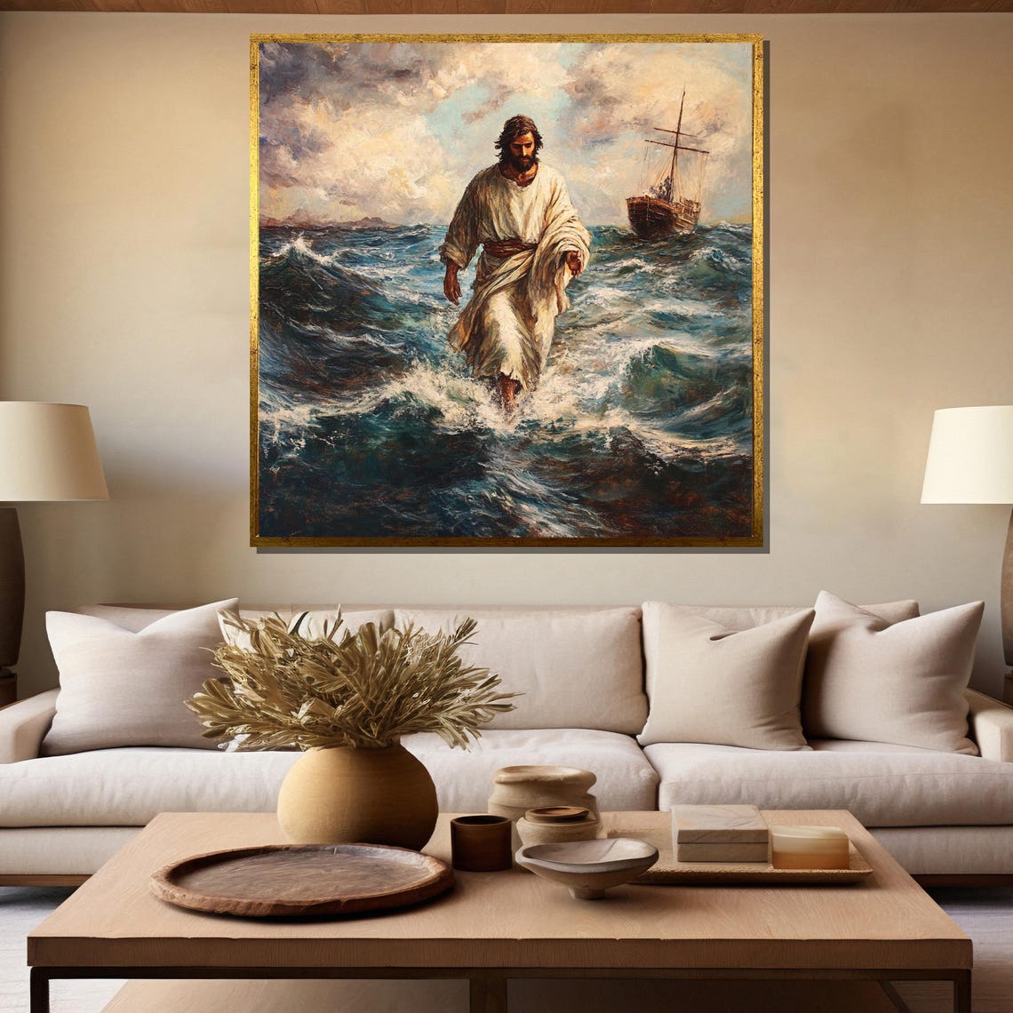 Jesus Walking on the Stormy Sea Beside a Small Wooden Boat Poster - Image 5
