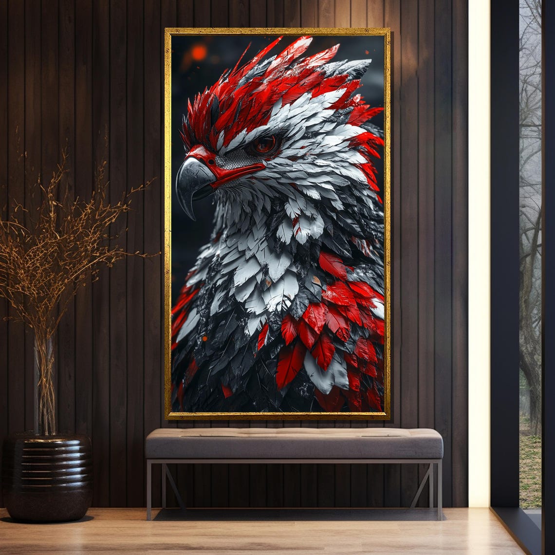 Fierce Eagle Head with Layered Red and White Feathers Portrait Poster - Image 5