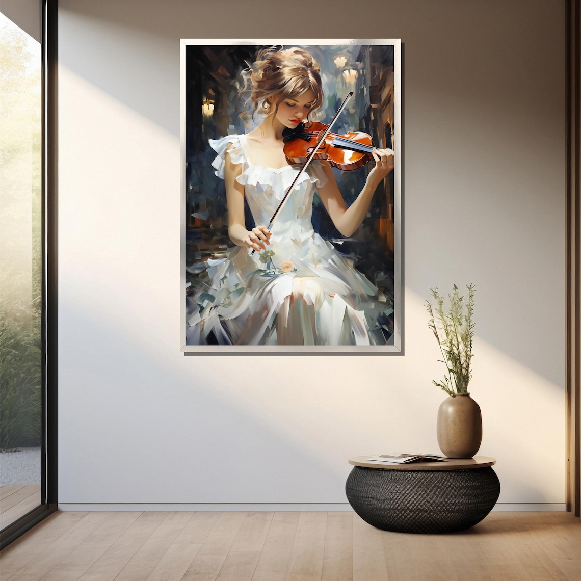 Woman In Flowing White Gown Playing Violin Oil Painting Poster - Image 3