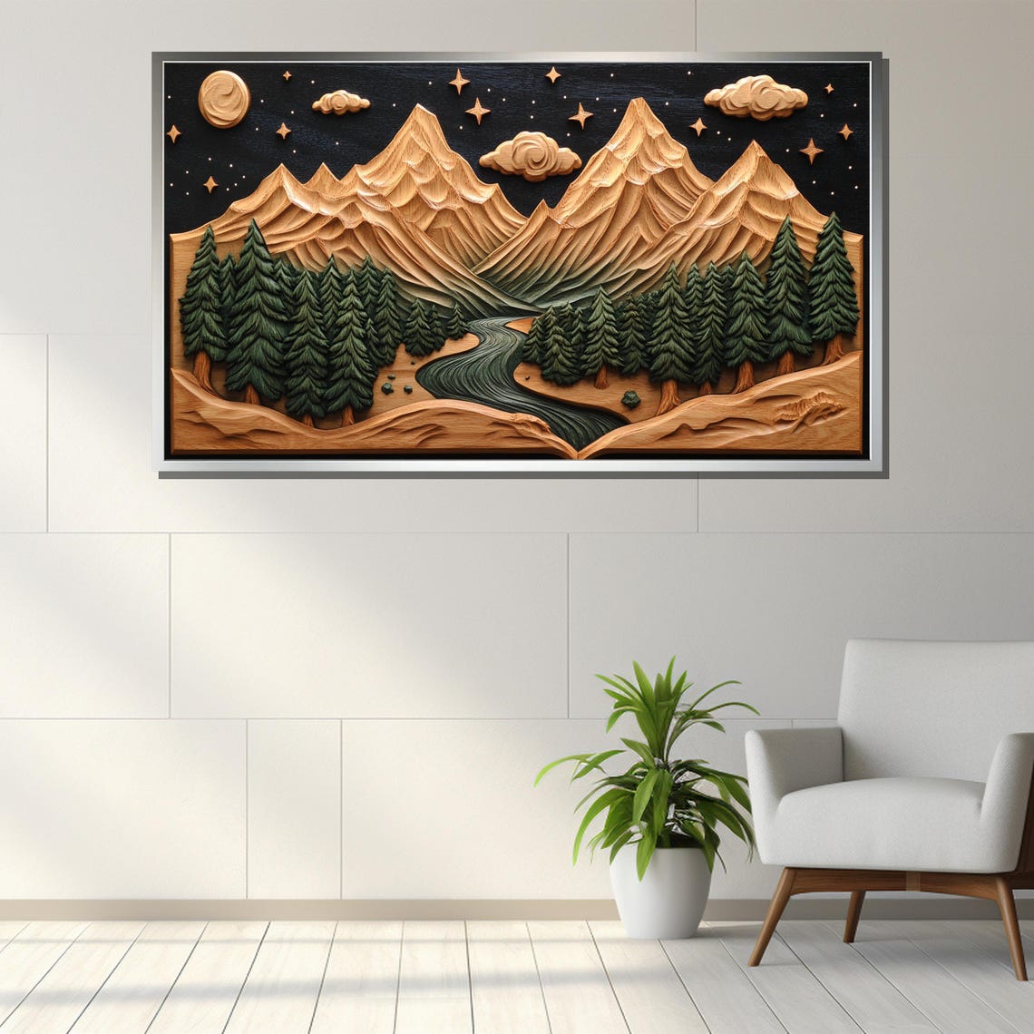 Starlit Mountain River Wood Carving Forest Landscape Gift For Rustic Home Decor - Image 3