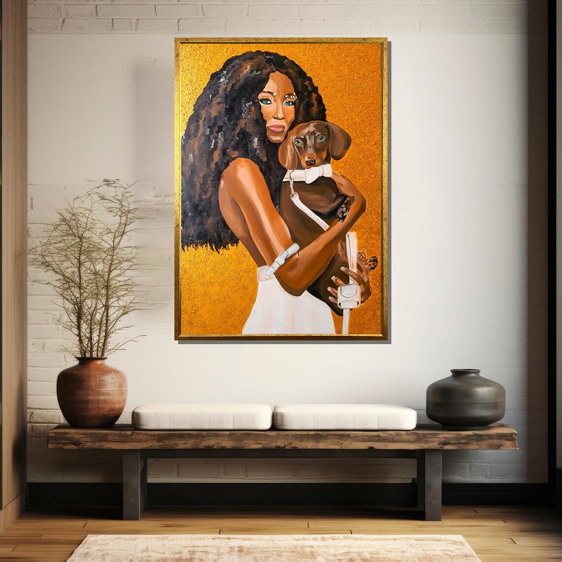 Modern Woman Hugging Dachshund On Textured Gold Portrait Poster - Image 5