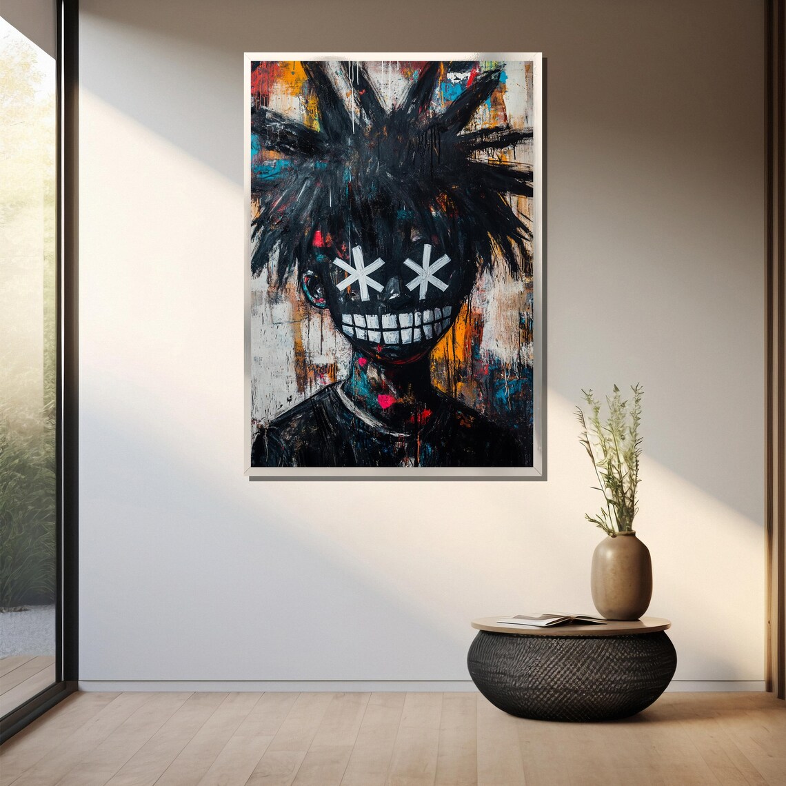 Basquiat-Inspired Grinning Figure with X Eyes and Wild Black Hair Poster - Image 3