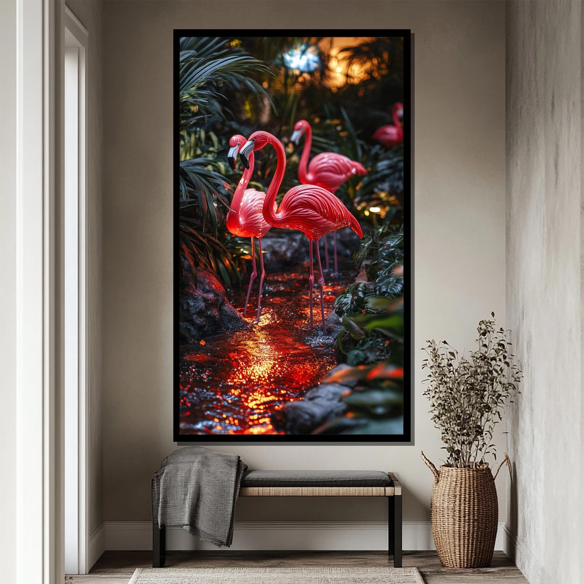 Pink Flamingos Wading in Glowing Ember Stream Tropical Night Poster - Image 4