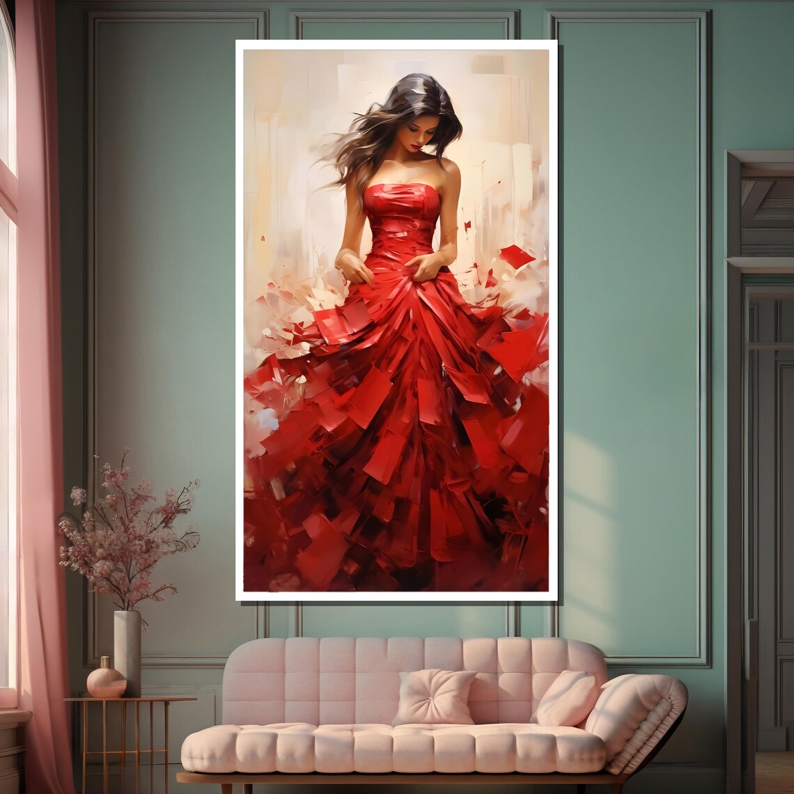 Elegant Lady in Flowing Red Dress Fashion Style Portrait Poster - Image 2