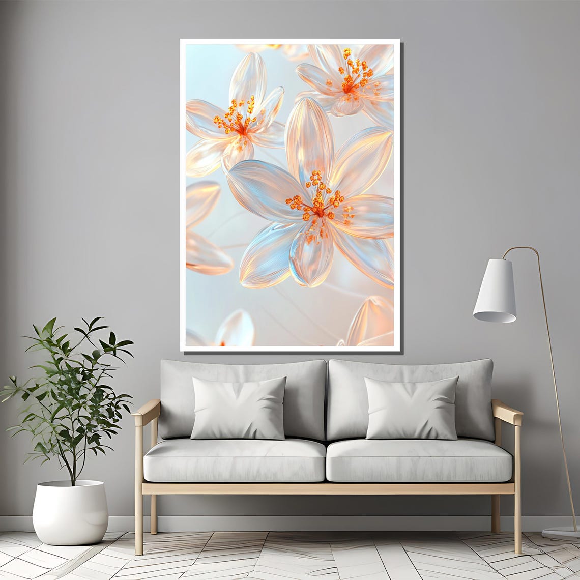Translucent Glass Flowers with Glowing Orange Stamens Floral Poster - Image 2