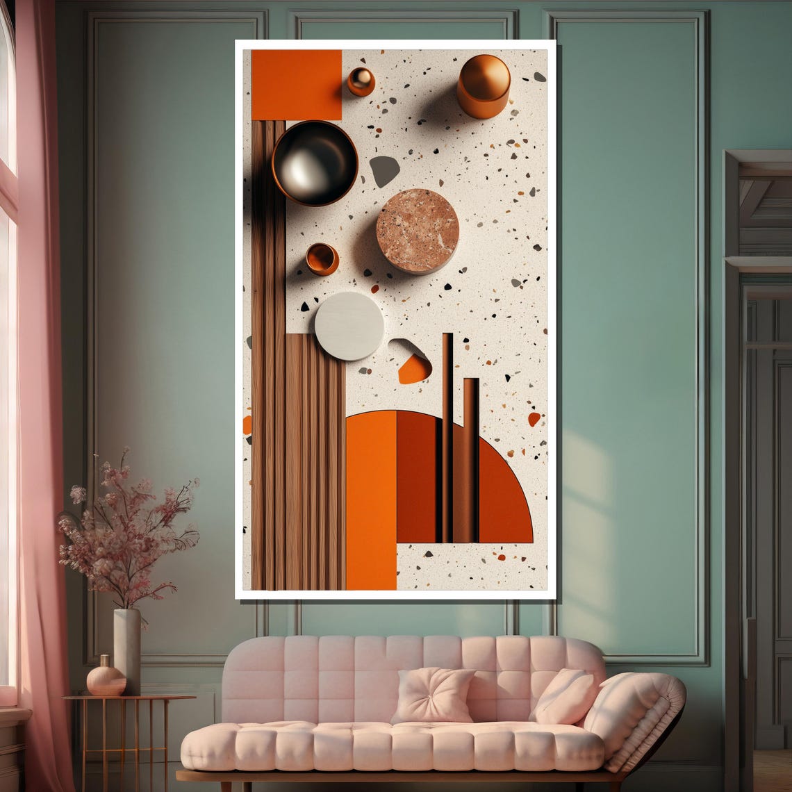 Modern Terrazzo Abstract with Copper Spheres and Wood Slats Poster - Image 2